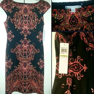 NWT MAGGY LONDON Stretch Knit PRINT Midi Sheath BOHO Career Style